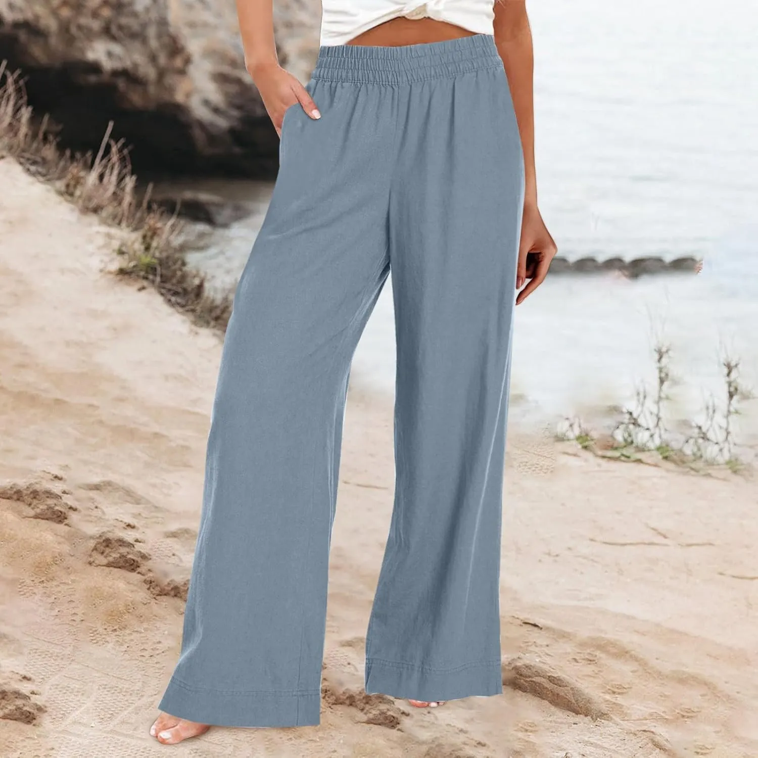 Long Palazzo Pants for Women Outfits 2025 Flowy Pants with Pockets High Waist Slim Lightweight Solid Straight Leg Sweatpants