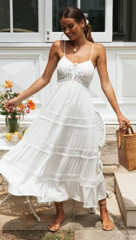 Luckinbaby Women V Neck Crochet Long Dress Spaghetti Strap Lace Embroidery Maxi Dress Summer Ruffle Flowy Beach Sundress