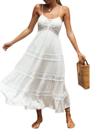 Luckinbaby Women V Neck Crochet Long Dress Spaghetti Strap Lace Embroidery Maxi Dress Summer Ruffle Flowy Beach Sundress