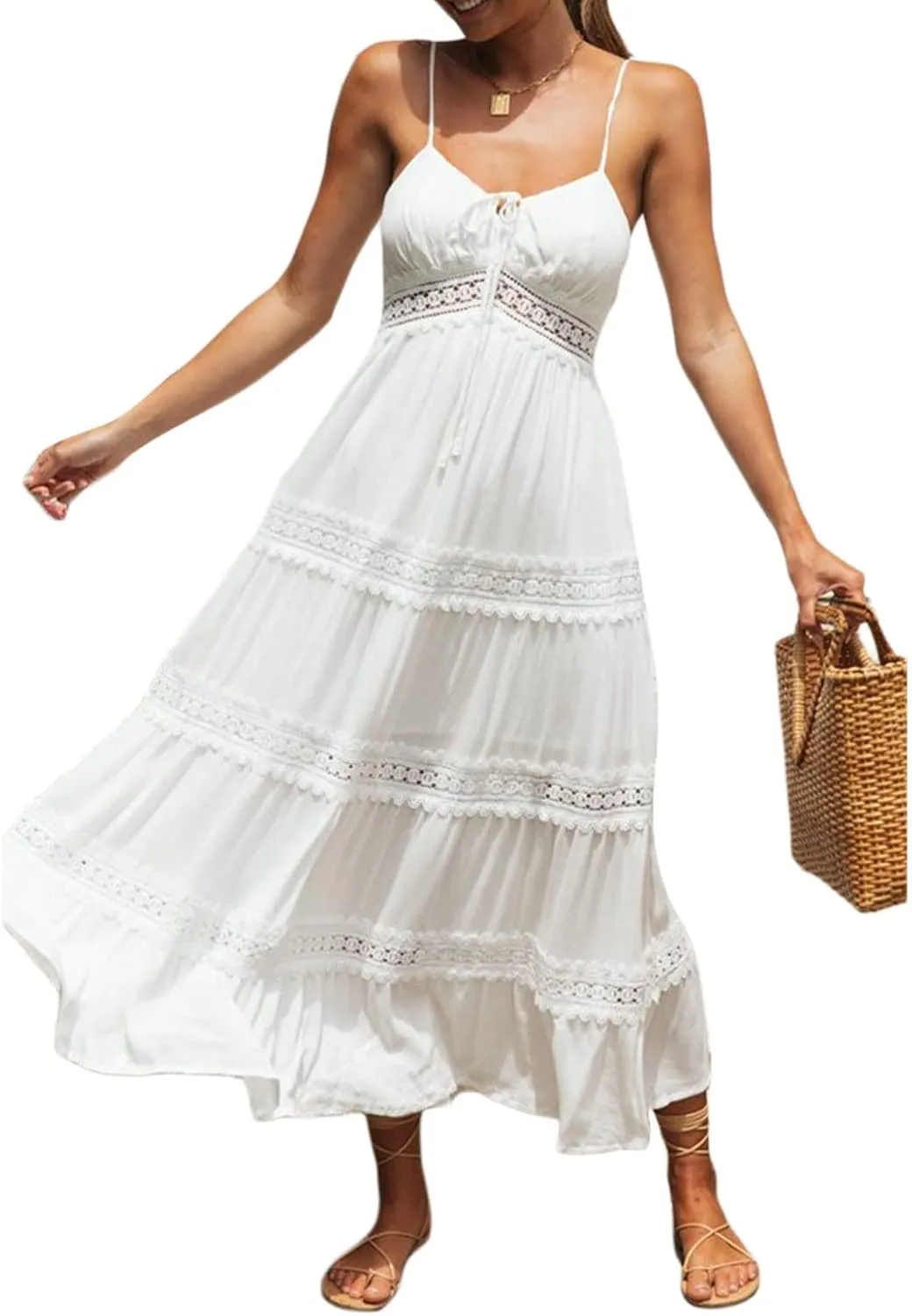 Luckinbaby Women V Neck Crochet Long Dress Spaghetti Strap Lace Embroidery Maxi Dress Summer Ruffle Flowy Beach Sundress