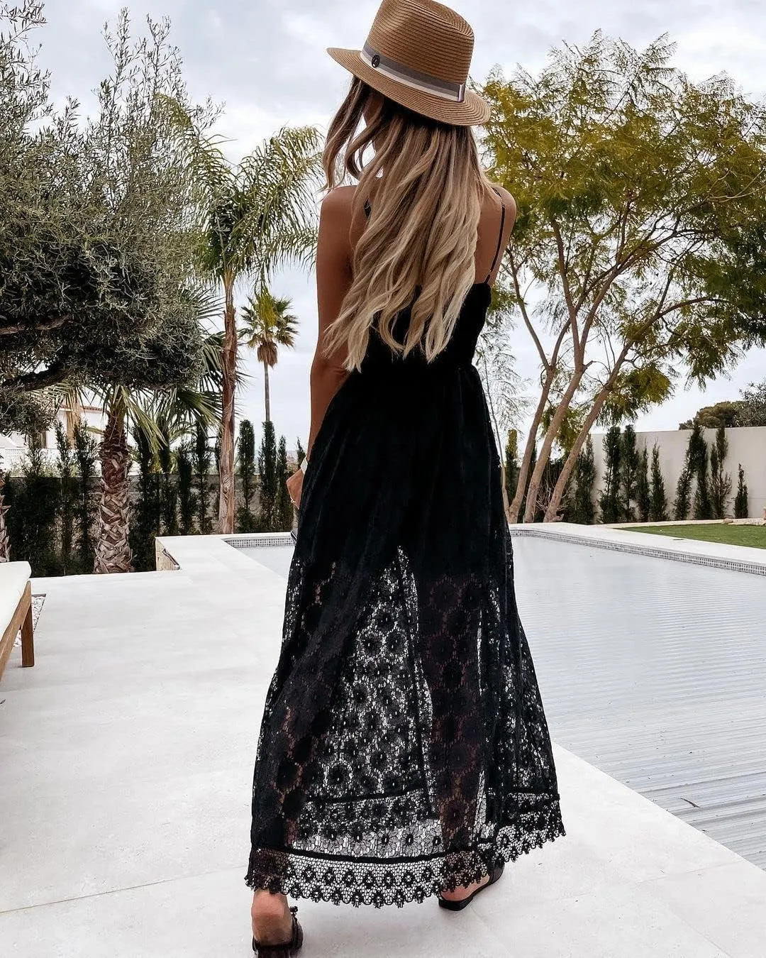 Luckinbaby Women V Neck Crochet Long Dress Spaghetti Strap Lace Embroidery Maxi Dress Summer Ruffle Flowy Beach Sundress