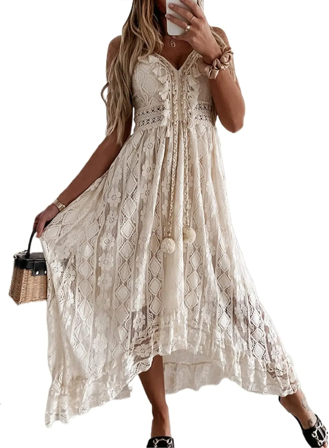 Luckinbaby Women V Neck Crochet Long Dress Spaghetti Strap Lace Embroidery Maxi Dress Summer Ruffle Flowy Beach Sundress