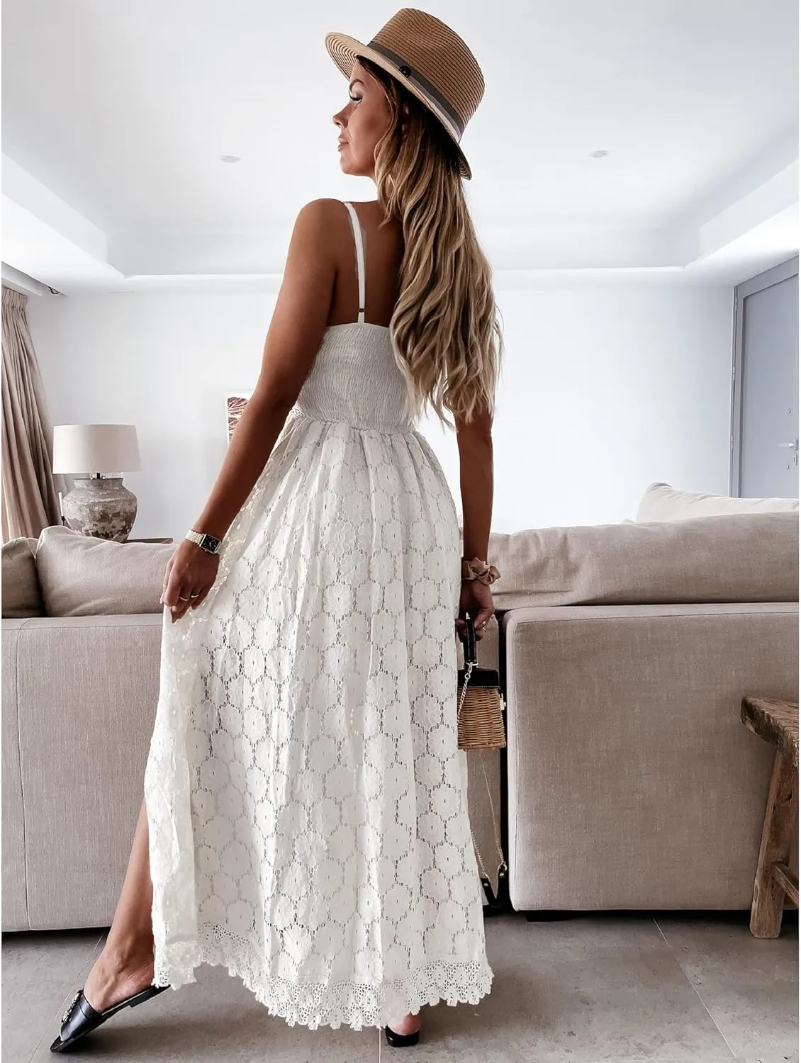 Luckinbaby Women V Neck Crochet Long Dress Spaghetti Strap Lace Embroidery Maxi Dress Summer Ruffle Flowy Beach Sundress