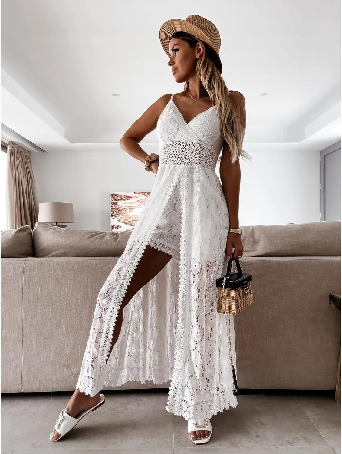 Luckinbaby Women V Neck Crochet Long Dress Spaghetti Strap Lace Embroidery Maxi Dress Summer Ruffle Flowy Beach Sundress