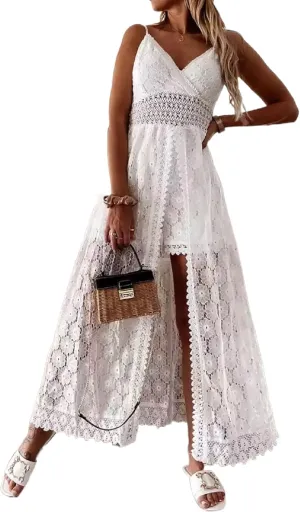 Luckinbaby Women V Neck Crochet Long Dress Spaghetti Strap Lace Embroidery Maxi Dress Summer Ruffle Flowy Beach Sundress