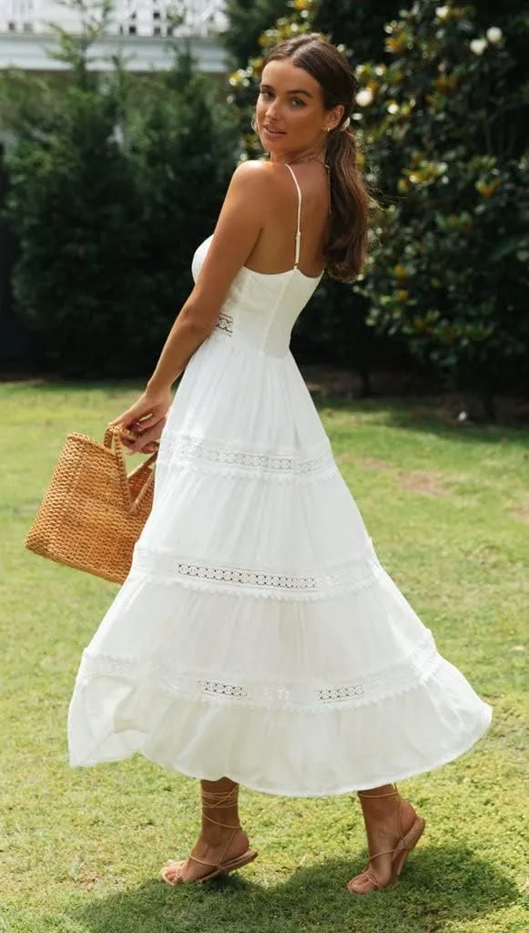 Luckinbaby Women V Neck Crochet Long Dress Spaghetti Strap Lace Embroidery Maxi Dress Summer Ruffle Flowy Beach Sundress