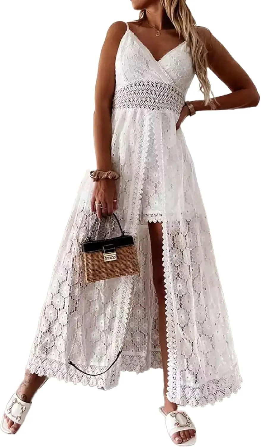 Luckinbaby Women V Neck Crochet Long Dress Spaghetti Strap Lace Embroidery Maxi Dress Summer Ruffle Flowy Beach Sundress