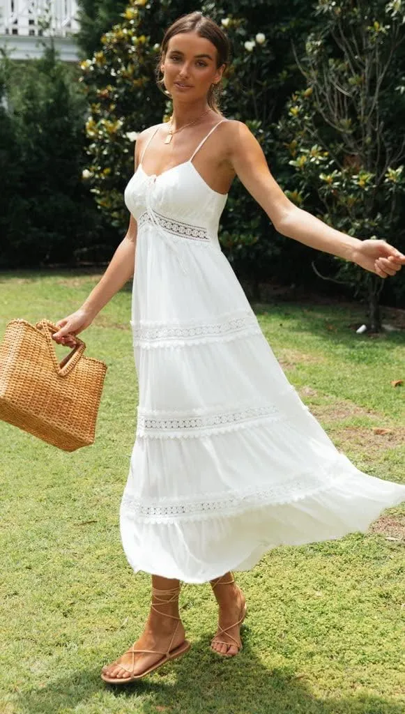 Luckinbaby Women V Neck Crochet Long Dress Spaghetti Strap Lace Embroidery Maxi Dress Summer Ruffle Flowy Beach Sundress