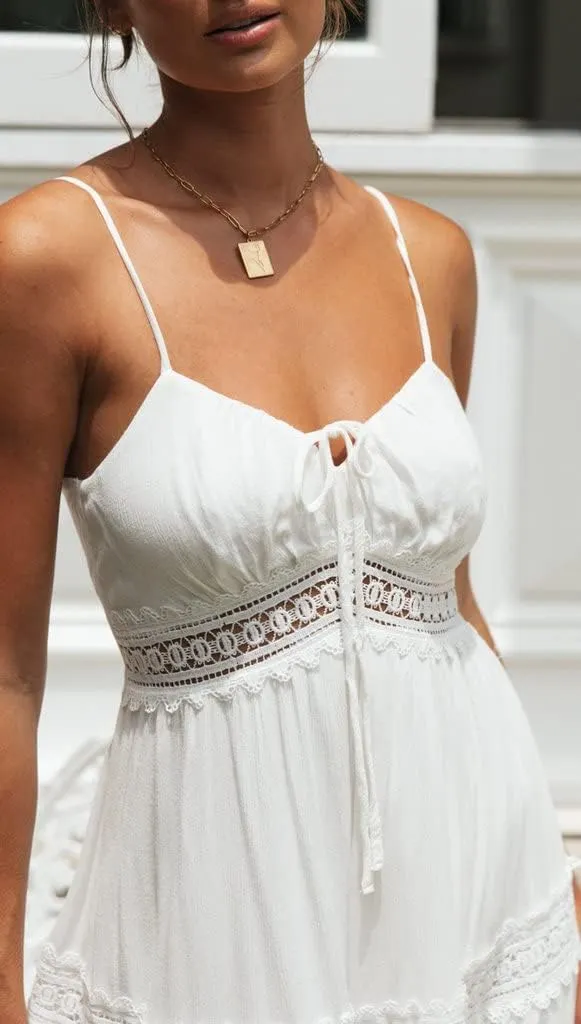 Luckinbaby Women V Neck Crochet Long Dress Spaghetti Strap Lace Embroidery Maxi Dress Summer Ruffle Flowy Beach Sundress