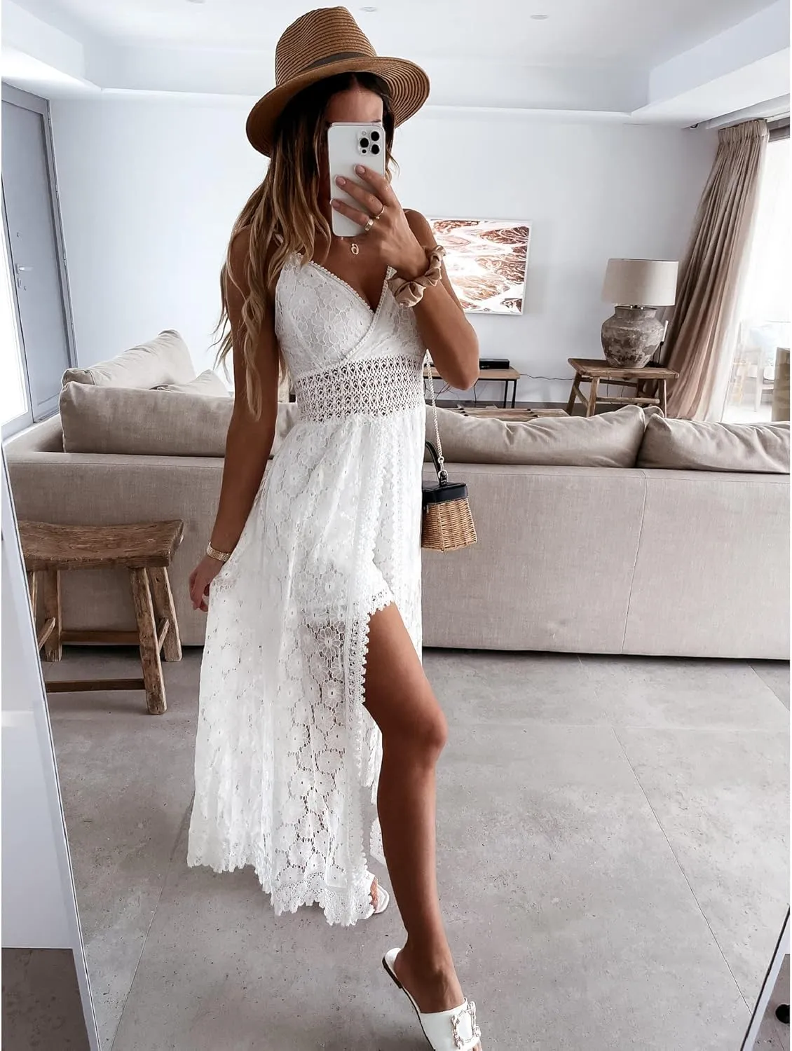 Luckinbaby Women V Neck Crochet Long Dress Spaghetti Strap Lace Embroidery Maxi Dress Summer Ruffle Flowy Beach Sundress