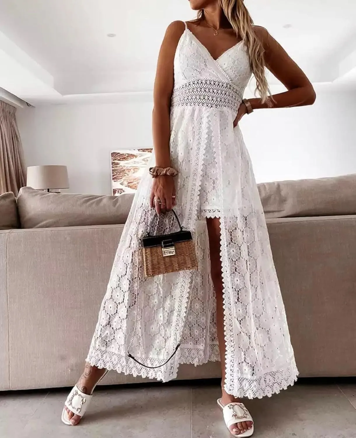 Luckinbaby Women V Neck Crochet Long Dress Spaghetti Strap Lace Embroidery Maxi Dress Summer Ruffle Flowy Beach Sundress