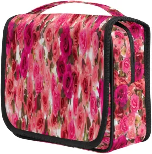 Lush Rose Flowers Travel Toiletry Bag for Women Portable Waterproof Travel Makeup Bag with Hanging Hook Makeup Cosmetic Organizer for Travel Business Trip Camping Bathroom