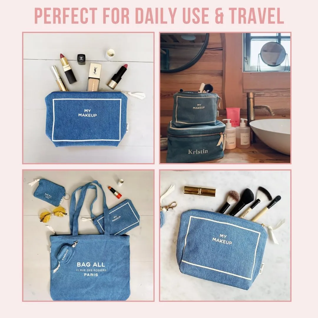 Makeup Bag for Women | Cosmetic Bag Organizer for Girls | Makeup Pouch for Traveling| Toiletry Bags for Women | Make Up Travel Pouches | Denim