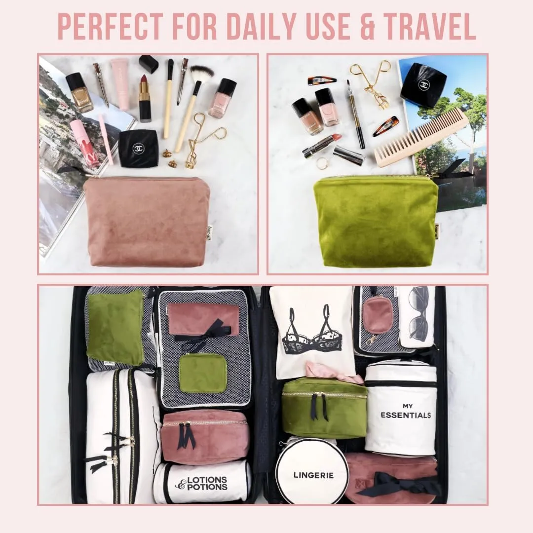 Makeup Bag for Women | Cosmetic Bag Organizer for Girls | Makeup Pouch for Traveling | Toiletry Bags for Women | Make Up Travel Pouches | Green Velvet