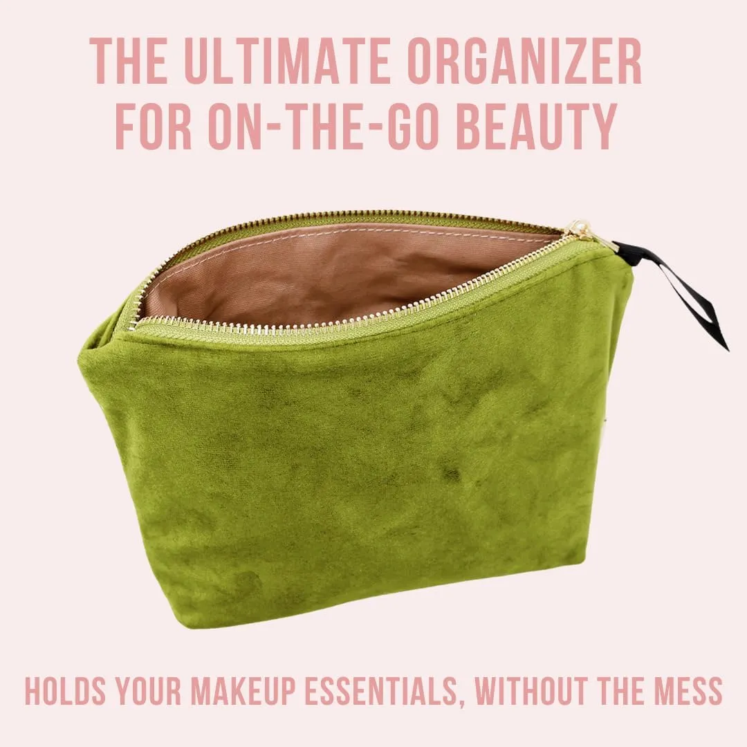 Makeup Bag for Women | Cosmetic Bag Organizer for Girls | Makeup Pouch for Traveling | Toiletry Bags for Women | Make Up Travel Pouches | Green Velvet