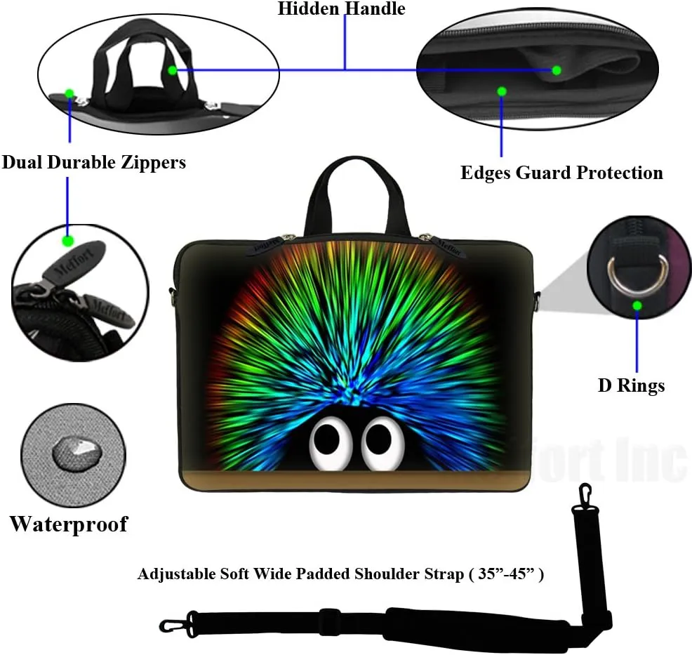 Meffort Inc 15 15.6 inch Neoprene Laptop Sleeve Bag Carrying Case with Hidden Handle and Adjustable Shoulder Strap - Cute Porcupine Design