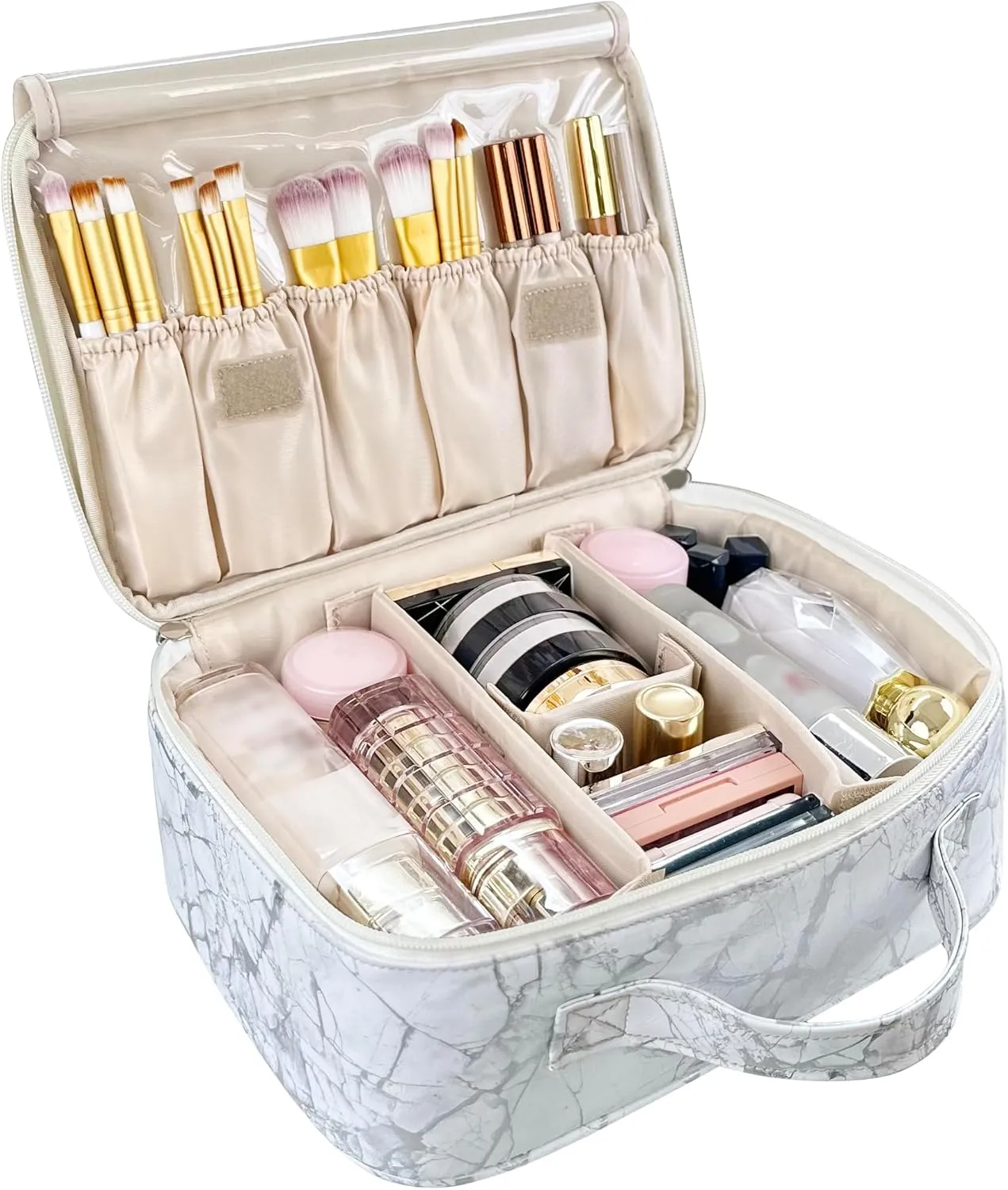 MKPCW Multifunctional Travel Makeup Bag Cosmetic Organizer with Removable Dividers, Brush Holder & Luggage Strap  Waterproof Large Capacity Toiletry Pouch for Women, Gym, Daily Use (White Marble)