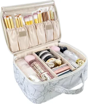 MKPCW Multifunctional Travel Makeup Bag Cosmetic Organizer with Removable Dividers, Brush Holder & Luggage Strap  Waterproof Large Capacity Toiletry Pouch for Women, Gym, Daily Use (White Marble)