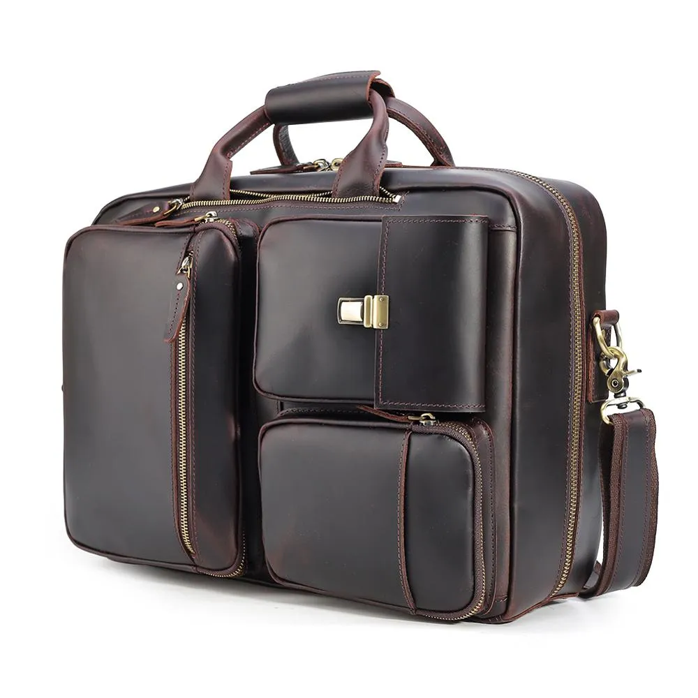 New design vintage style men business convertible leather briefcase laptop messenger bag for men
