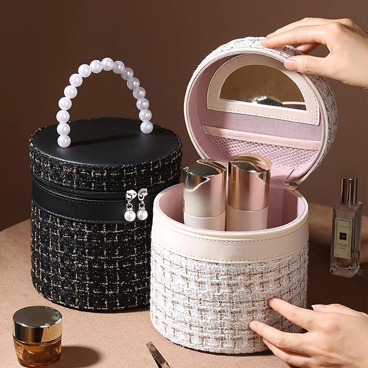 New Practical Large Capacity Makeup Bag with Mirror Nylon Round Bucket Travel Toiletry Bags Portable Cosmetic Storage Pouch