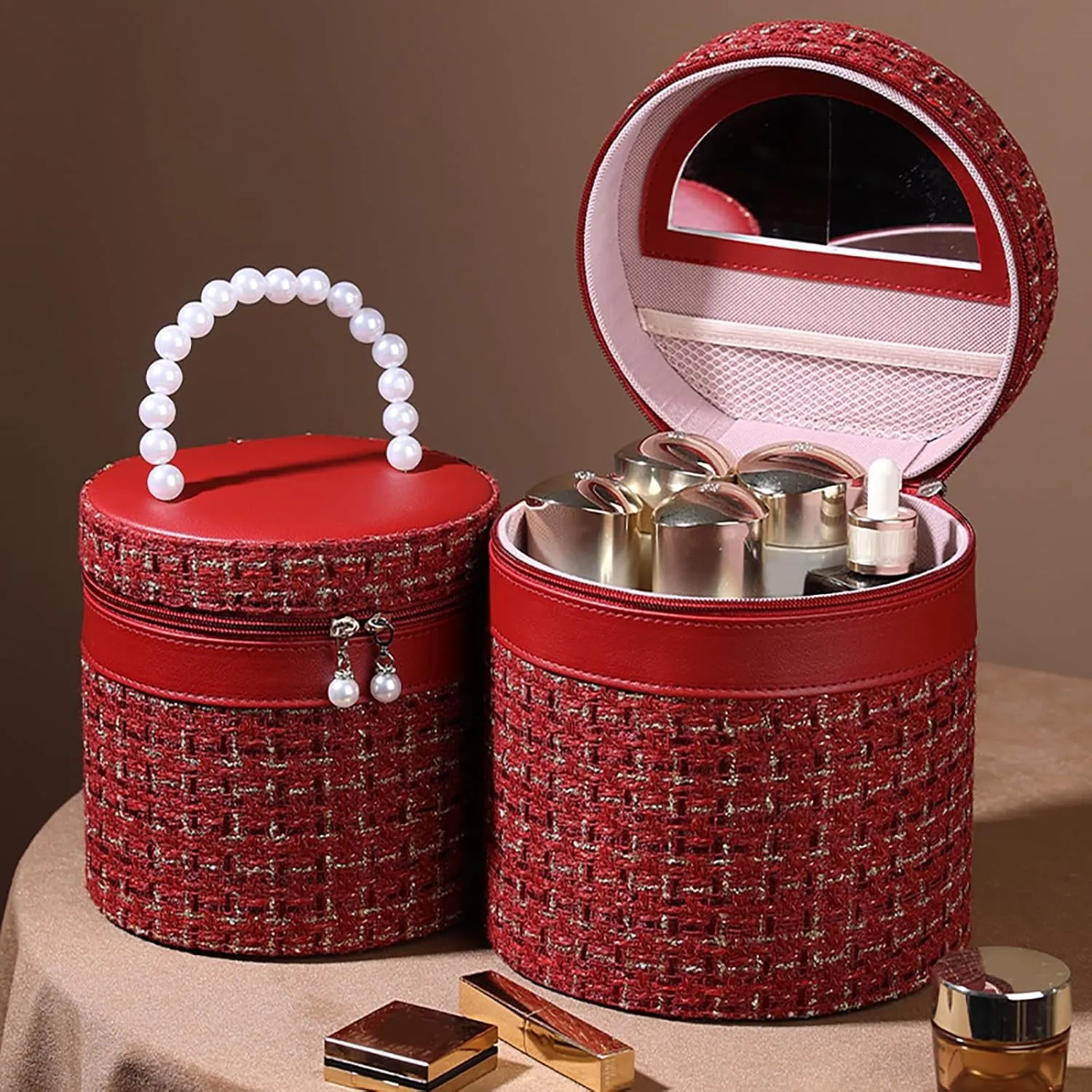 New Practical Large Capacity Makeup Bag with Mirror Nylon Round Bucket Travel Toiletry Bags Portable Cosmetic Storage Pouch