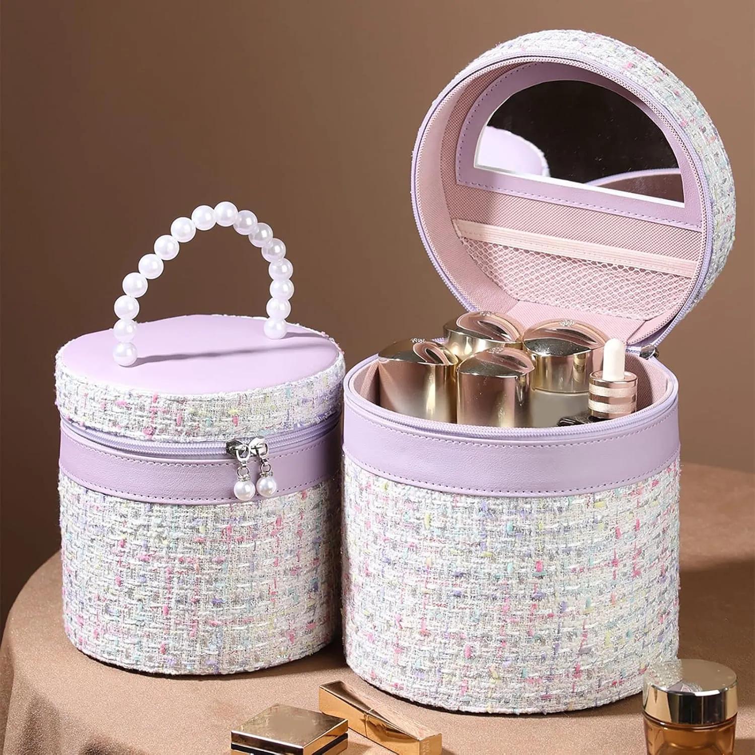 New Practical Large Capacity Makeup Bag with Mirror Nylon Round Bucket Travel Toiletry Bags Portable Cosmetic Storage Pouch
