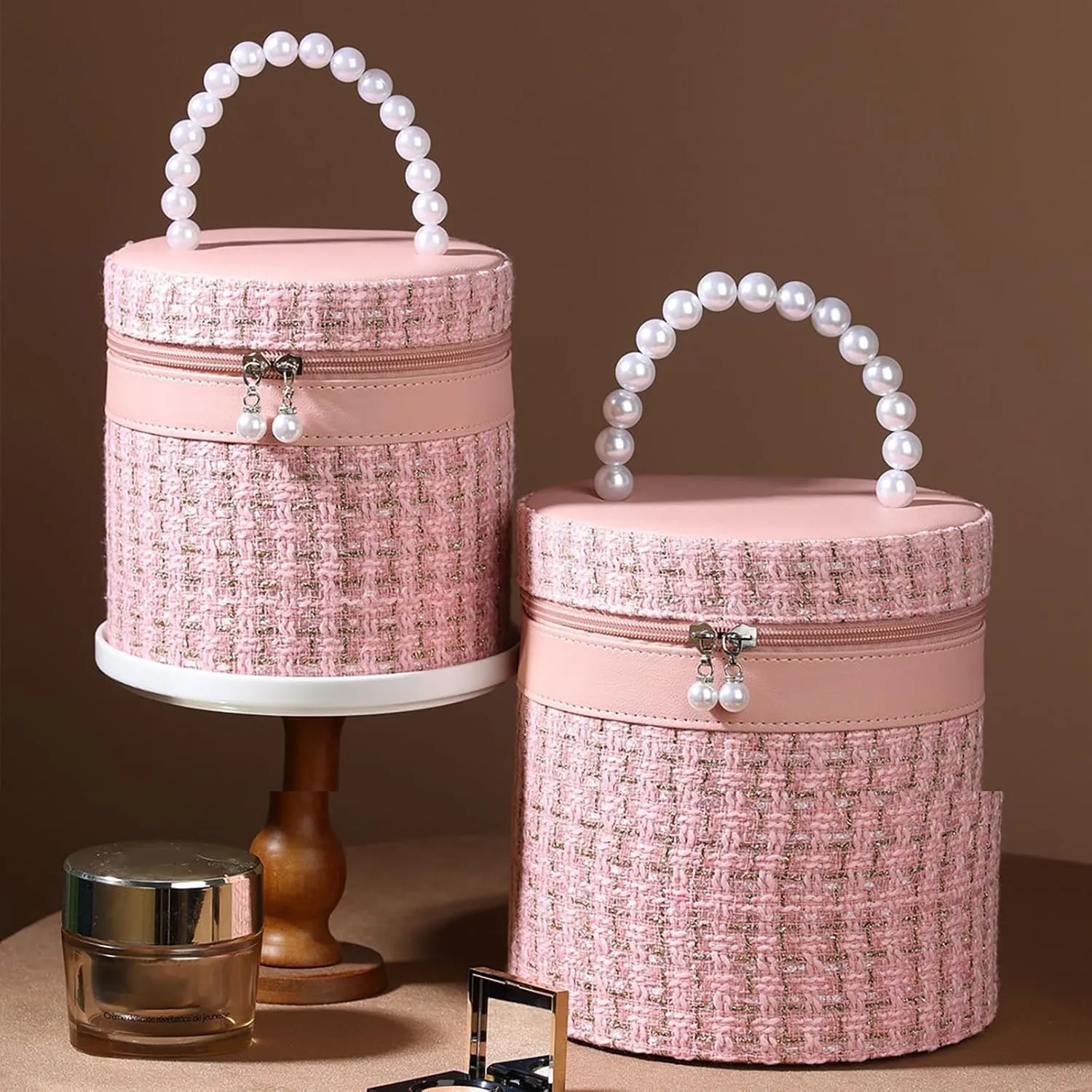 New Practical Large Capacity Makeup Bag with Mirror Nylon Round Bucket Travel Toiletry Bags Portable Cosmetic Storage Pouch