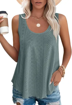 OFEEFAN Womens Tank Tops Sleeveless Eyelet Embroidery Scoop Neck Loose Fit Casual Summer Flowy