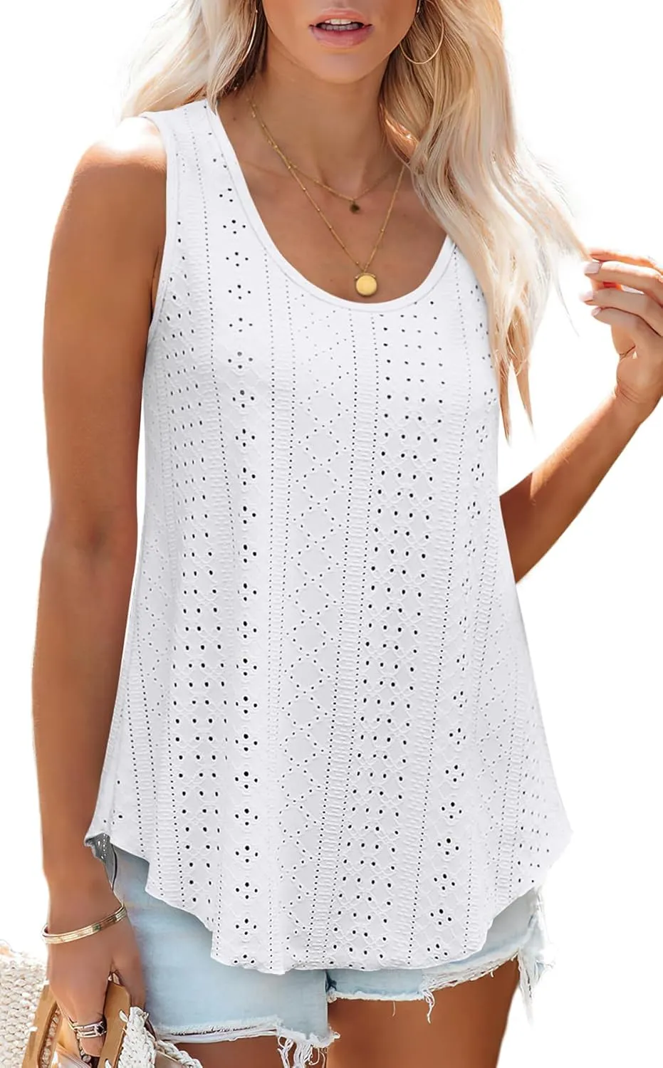 OFEEFAN Womens Tank Tops Sleeveless Eyelet Embroidery Scoop Neck Loose Fit Casual Summer Flowy