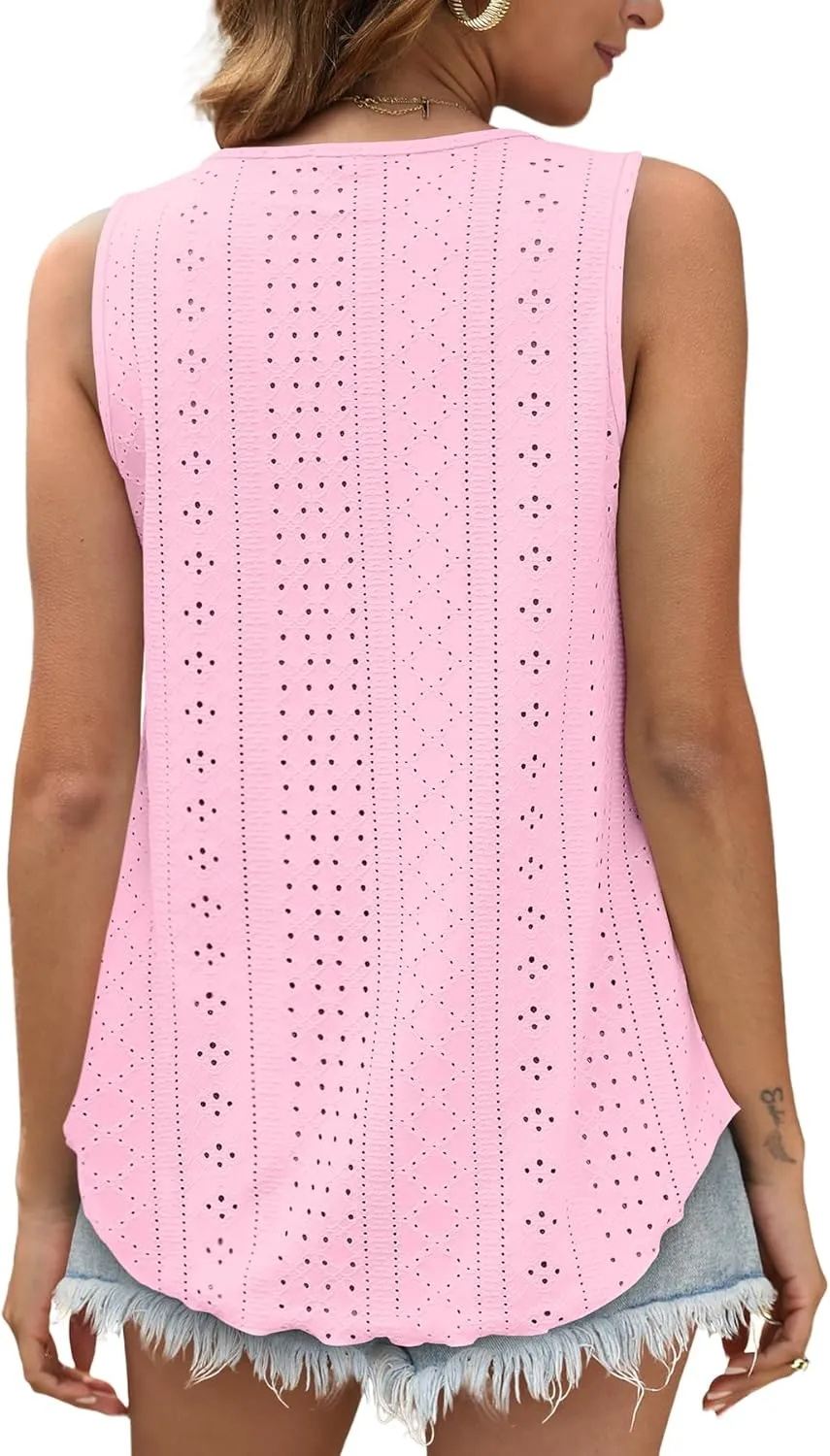 OFEEFAN Womens Tank Tops Sleeveless Eyelet Embroidery Scoop Neck Loose Fit Casual Summer Flowy
