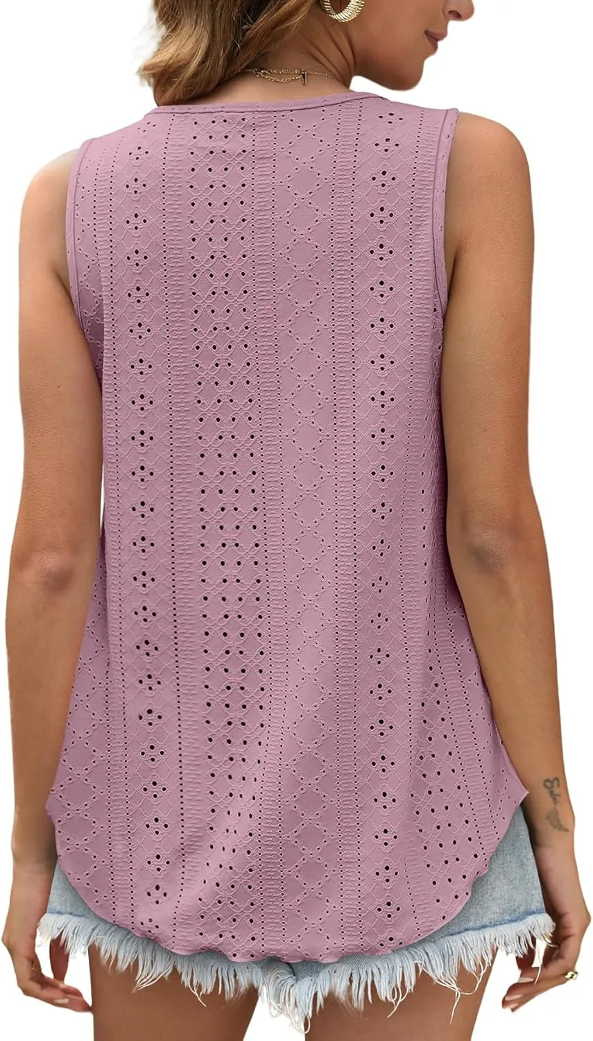 OFEEFAN Womens Tank Tops Sleeveless Eyelet Embroidery Scoop Neck Loose Fit Casual Summer Flowy