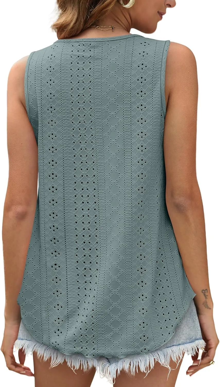 OFEEFAN Womens Tank Tops Sleeveless Eyelet Embroidery Scoop Neck Loose Fit Casual Summer Flowy