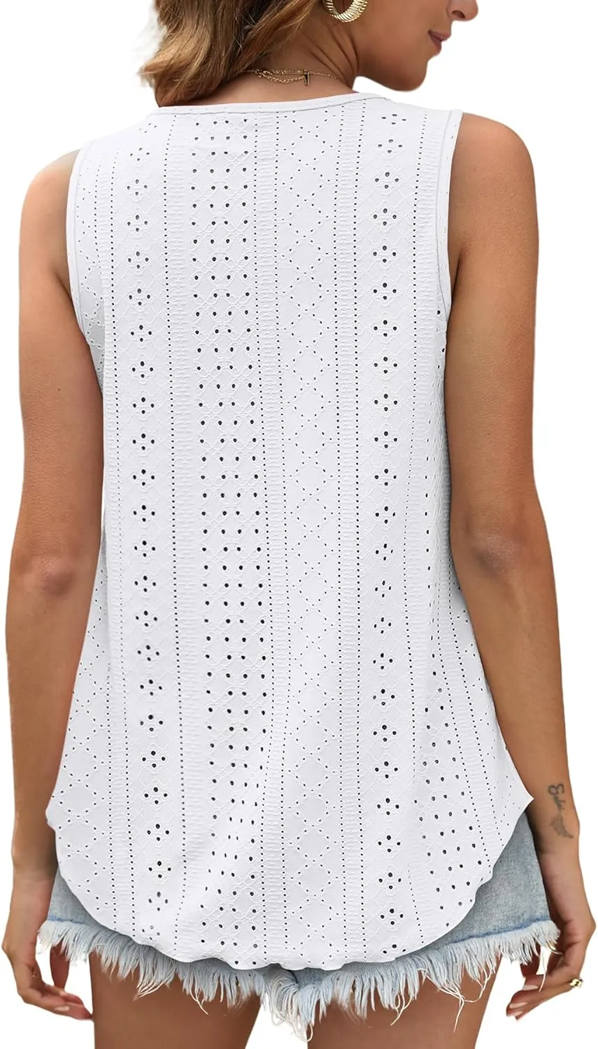 OFEEFAN Womens Tank Tops Sleeveless Eyelet Embroidery Scoop Neck Loose Fit Casual Summer Flowy