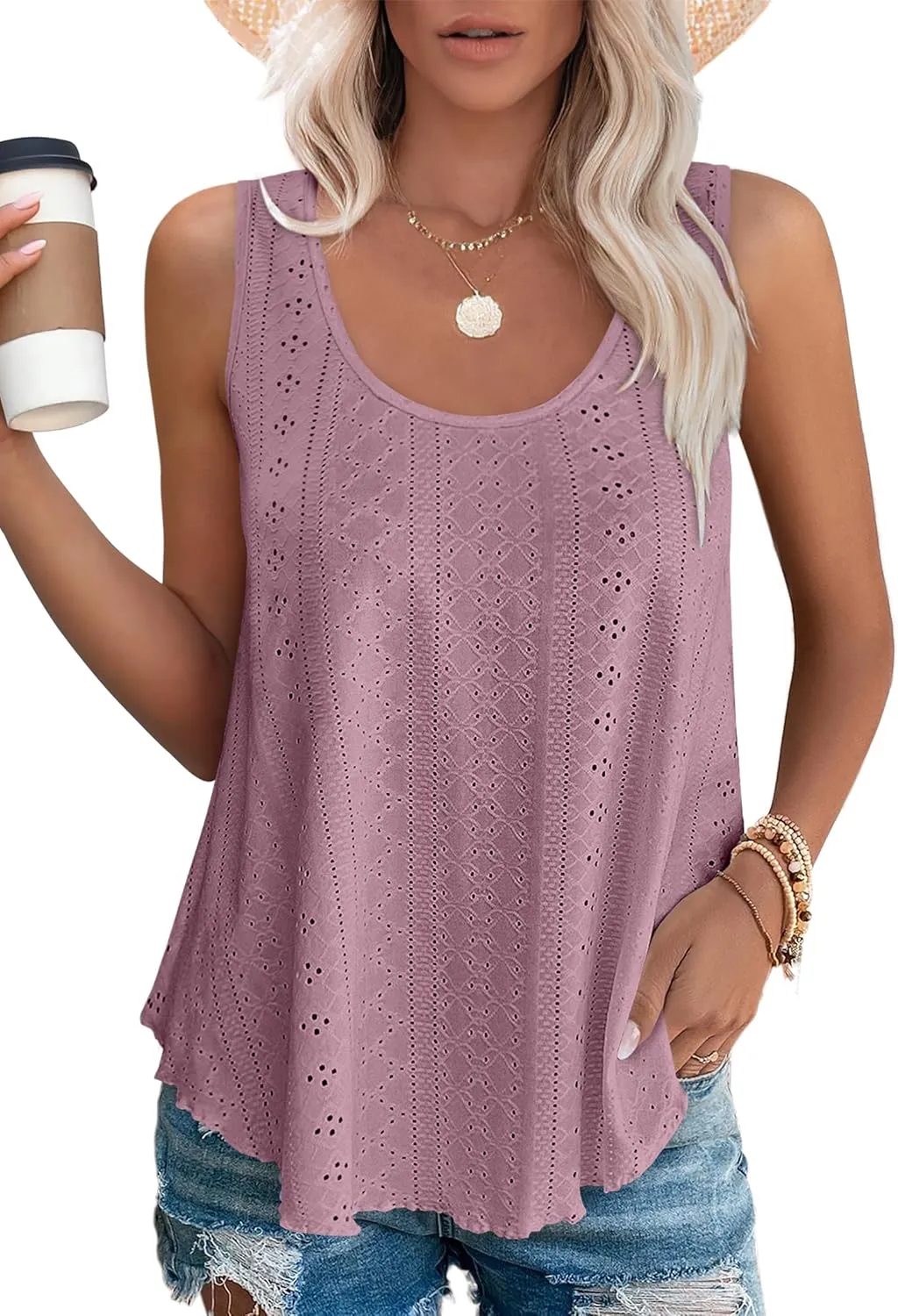 OFEEFAN Womens Tank Tops Sleeveless Eyelet Embroidery Scoop Neck Loose Fit Casual Summer Flowy