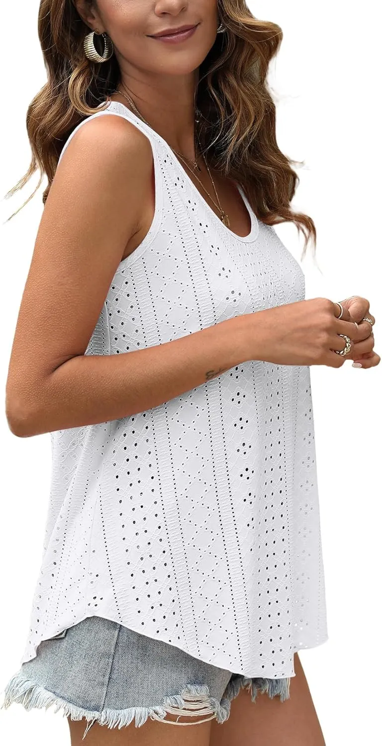 OFEEFAN Womens Tank Tops Sleeveless Eyelet Embroidery Scoop Neck Loose Fit Casual Summer Flowy