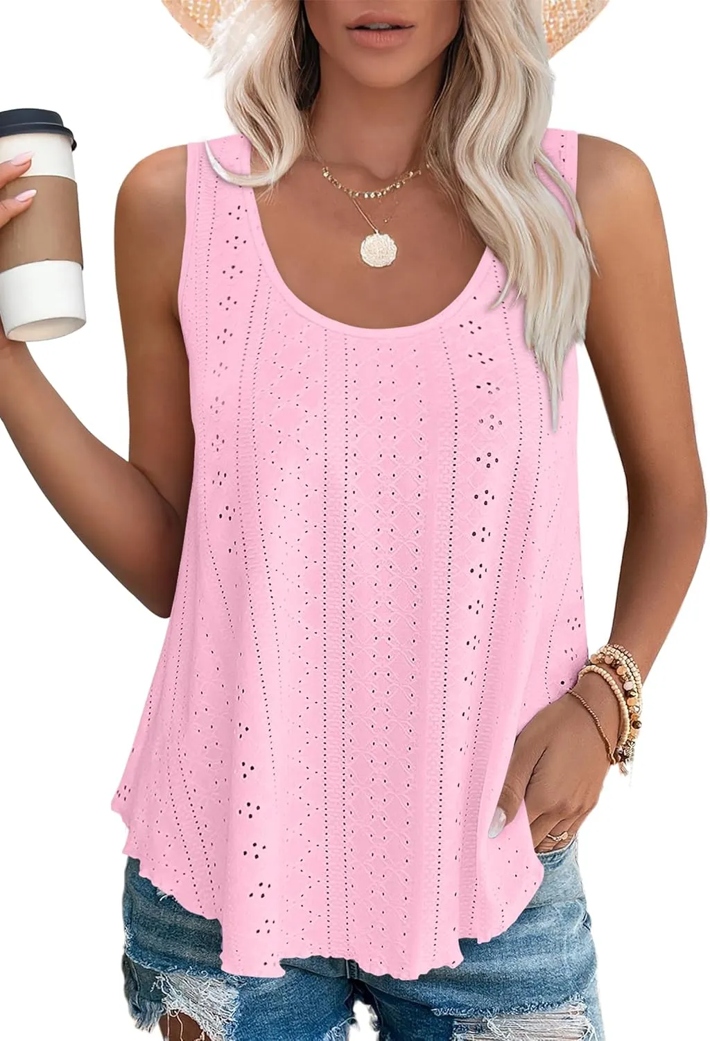 OFEEFAN Womens Tank Tops Sleeveless Eyelet Embroidery Scoop Neck Loose Fit Casual Summer Flowy