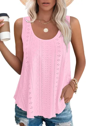 OFEEFAN Womens Tank Tops Sleeveless Eyelet Embroidery Scoop Neck Loose Fit Casual Summer Flowy