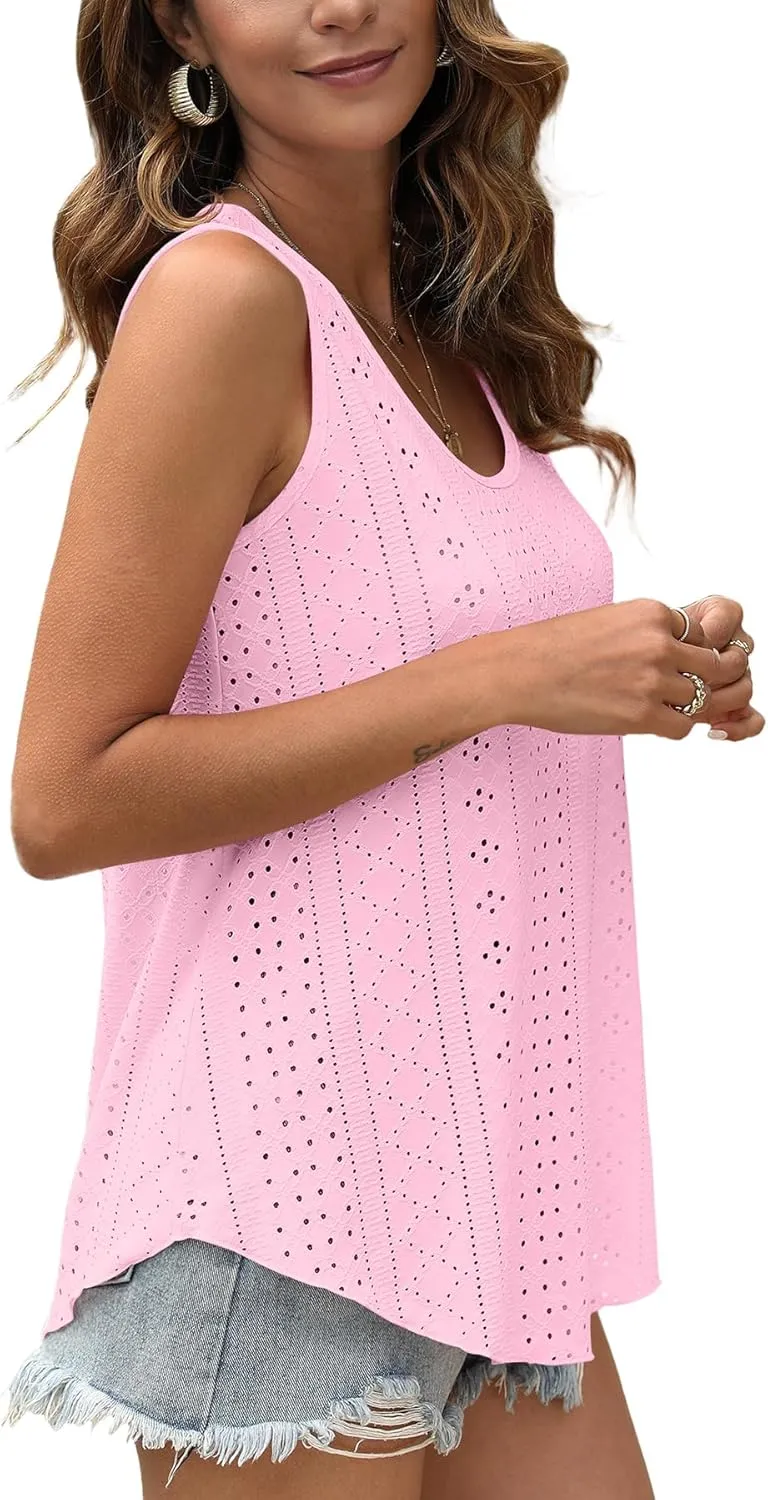 OFEEFAN Womens Tank Tops Sleeveless Eyelet Embroidery Scoop Neck Loose Fit Casual Summer Flowy