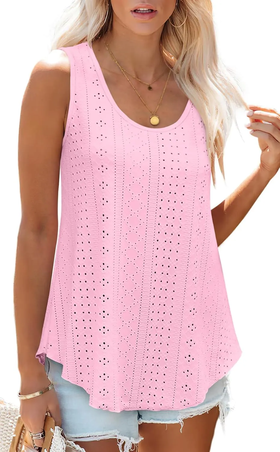 OFEEFAN Womens Tank Tops Sleeveless Eyelet Embroidery Scoop Neck Loose Fit Casual Summer Flowy