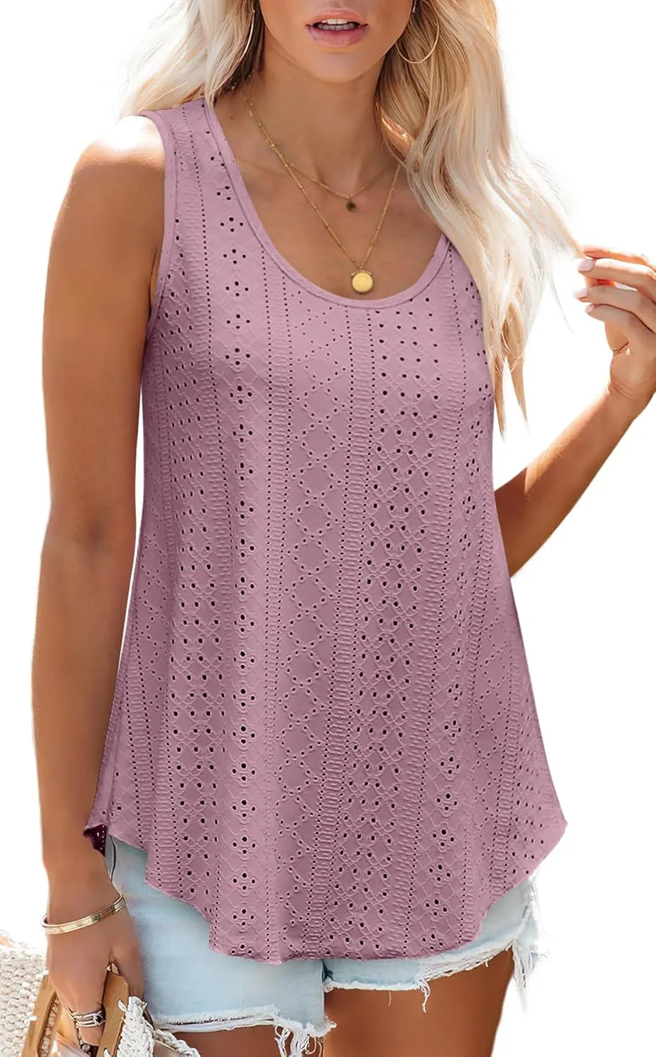 OFEEFAN Womens Tank Tops Sleeveless Eyelet Embroidery Scoop Neck Loose Fit Casual Summer Flowy