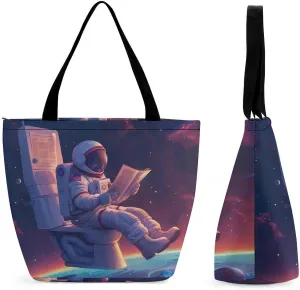 Outeres Spacees Astronaut Tote Bag for Women Reusable Beach Shoulder Bag Lightweight Grocery Bags Travel Handbag