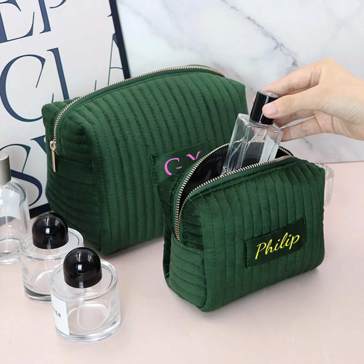 Personalized Velvet Makeup Bag,Custom Name Cosmetic Bag,Initials Travel Toiletry Bag,Bridesmaid Gifts,Birthday Gift,Gift for Her,Mothers Day Gift (Black)