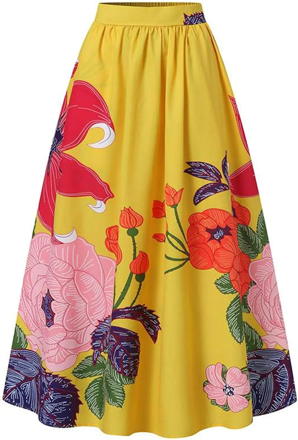 Petite Dresses for Women Floral Print Maxi Skirt High Waisted Mopping Floor Length Big Hem Skirts with Pockets