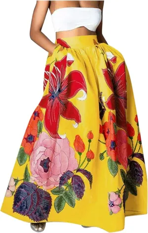 Petite Dresses for Women Floral Print Maxi Skirt High Waisted Mopping Floor Length Big Hem Skirts with Pockets