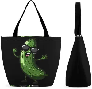 Pickle Dancing Cucumber Tote Bag for Women Reusable Beach Shoulder Bag Lightweight Grocery Bags Travel Handbag