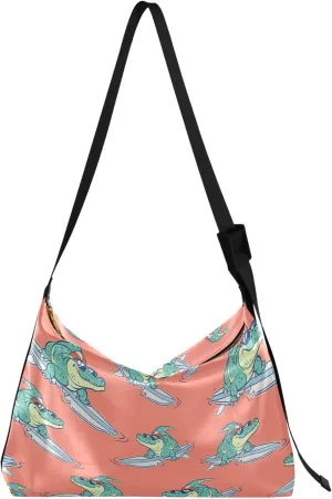 Pink Surfing Crocodile Leather Hobo Bags for Women Large Leather Purse Art Animal Print Purse Shoulder Bag