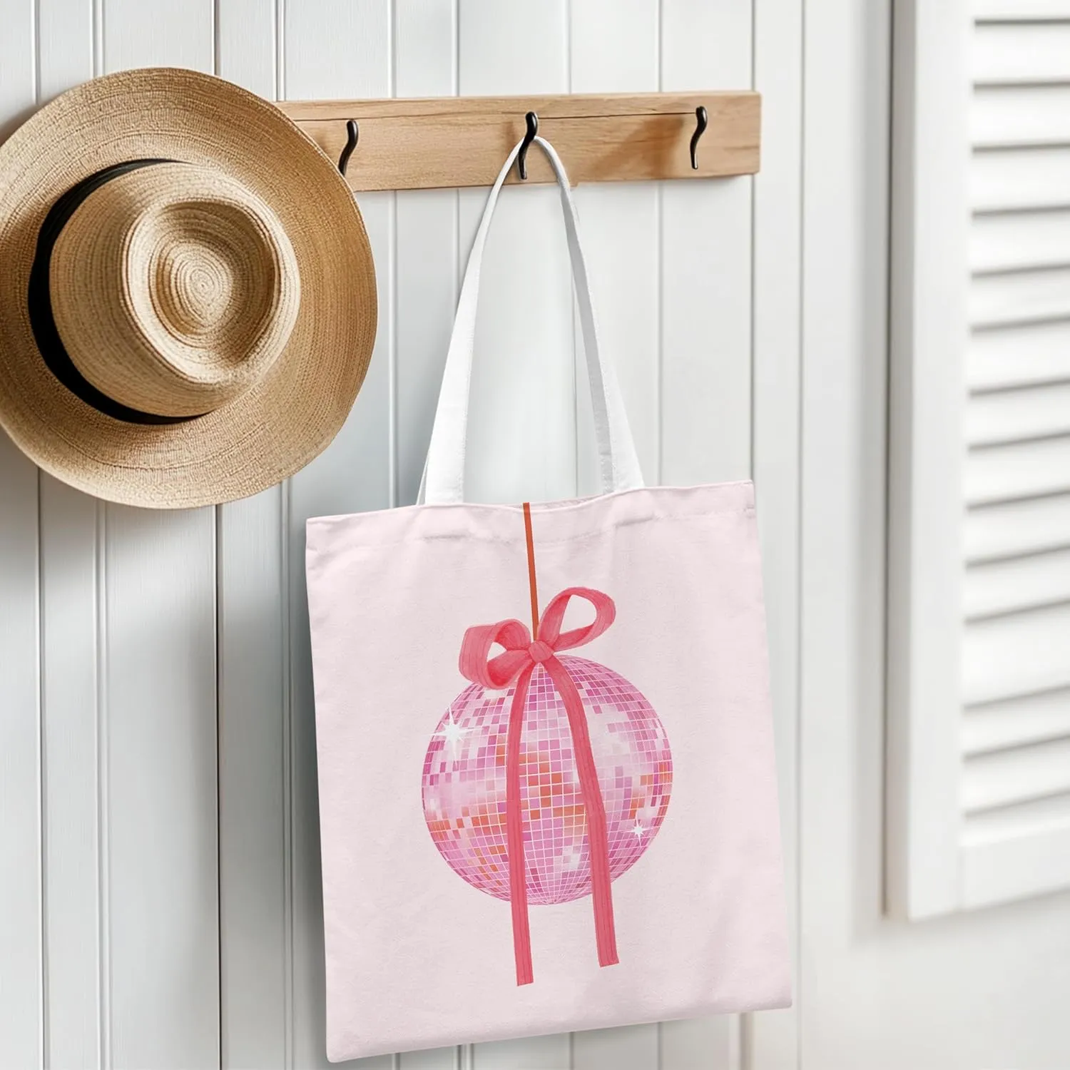 Pink Trendy Coquette Bow Cherry Disco Ball Tote Bag,Preppy Trendy Gifts for Women,Reusable Grocery Shopping Bags