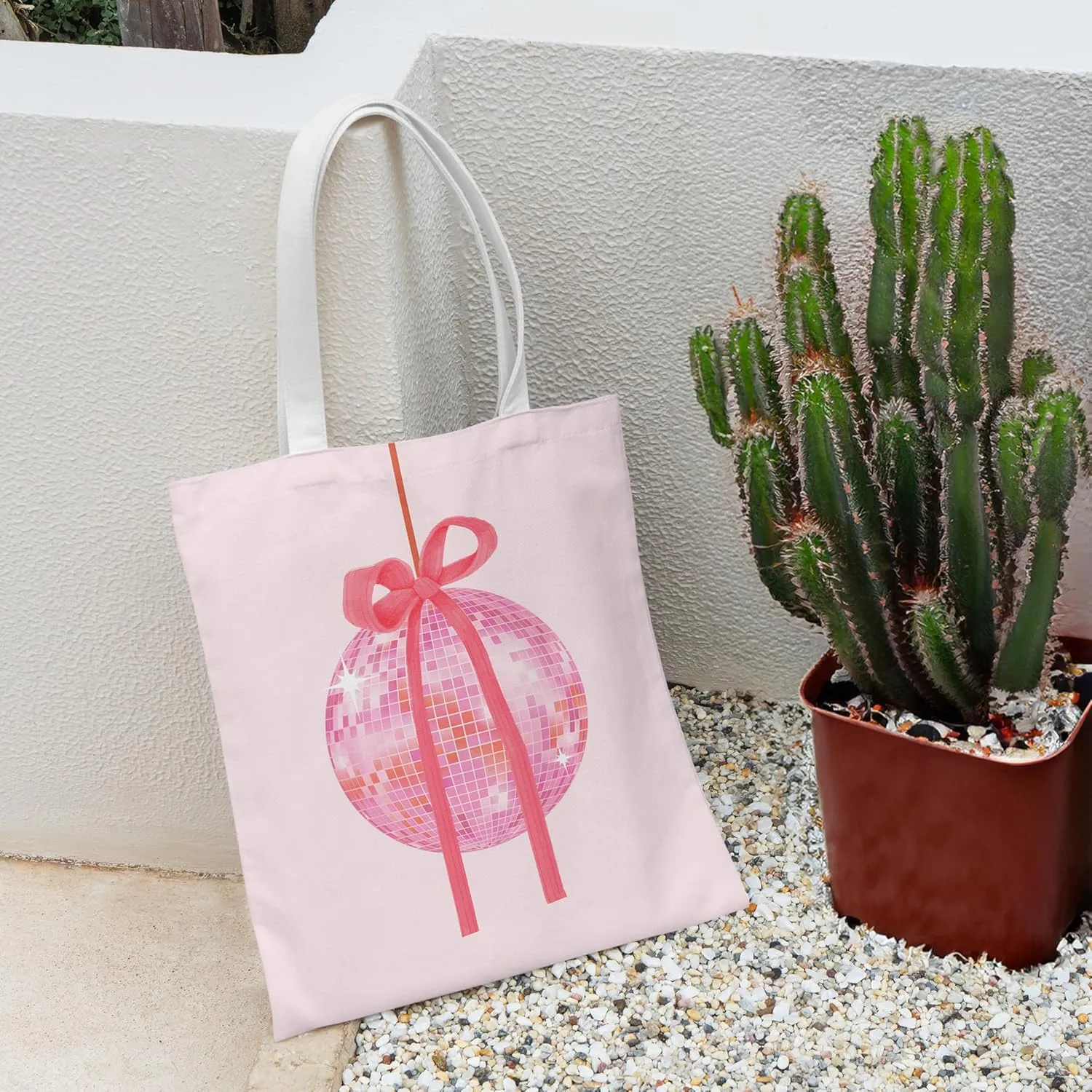 Pink Trendy Coquette Bow Cherry Disco Ball Tote Bag,Preppy Trendy Gifts for Women,Reusable Grocery Shopping Bags
