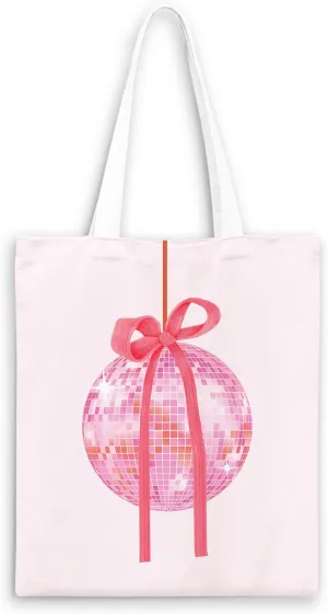Pink Trendy Coquette Bow Cherry Disco Ball Tote Bag,Preppy Trendy Gifts for Women,Reusable Grocery Shopping Bags