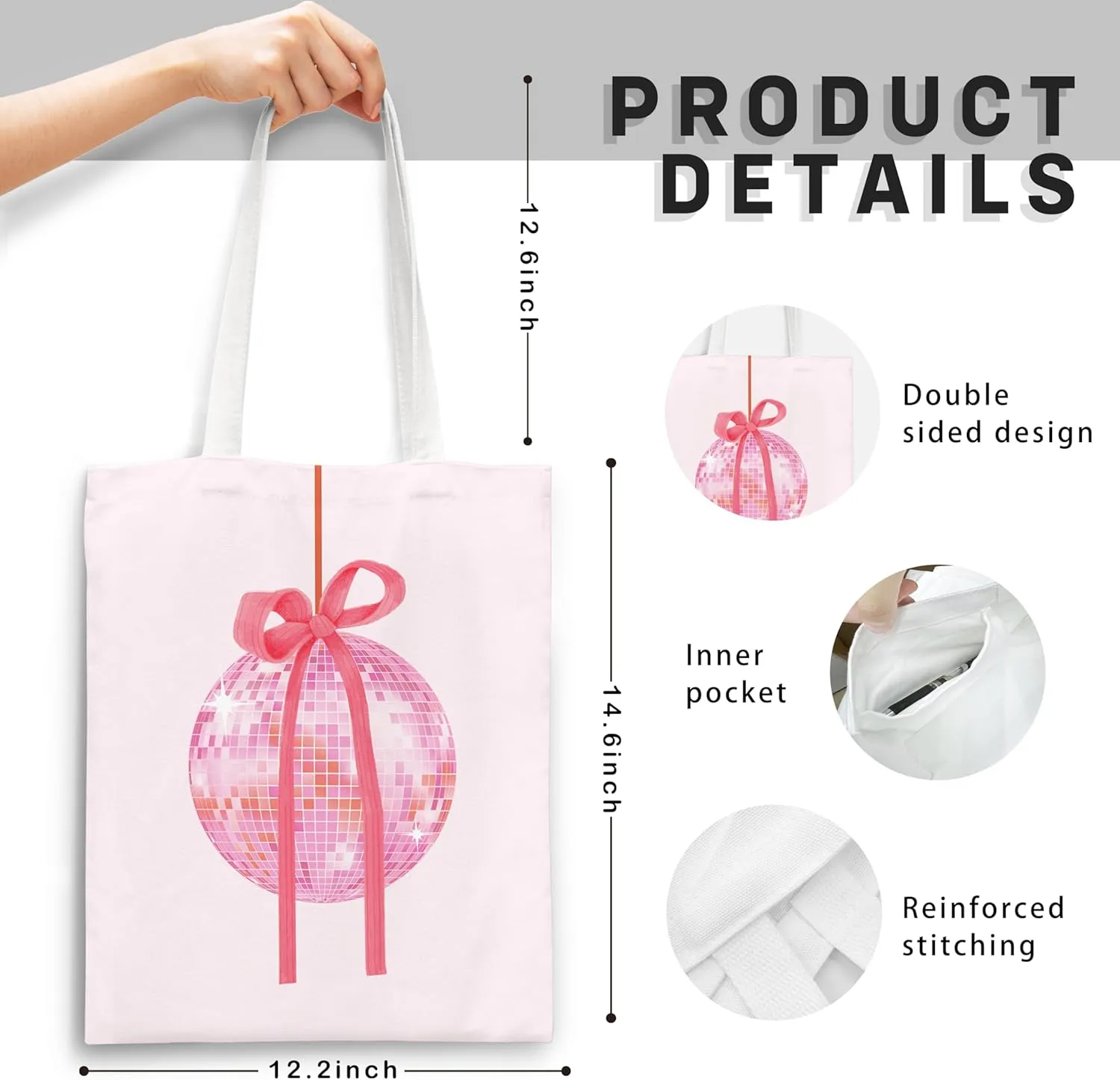 Pink Trendy Coquette Bow Cherry Disco Ball Tote Bag,Preppy Trendy Gifts for Women,Reusable Grocery Shopping Bags
